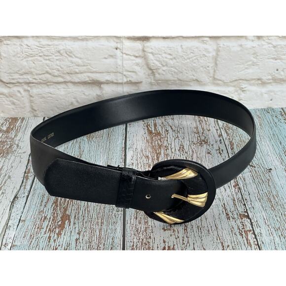Women's Vintage 1980 Black and Gold Tone Accent Buckle Belt L - Picture 11 of 14